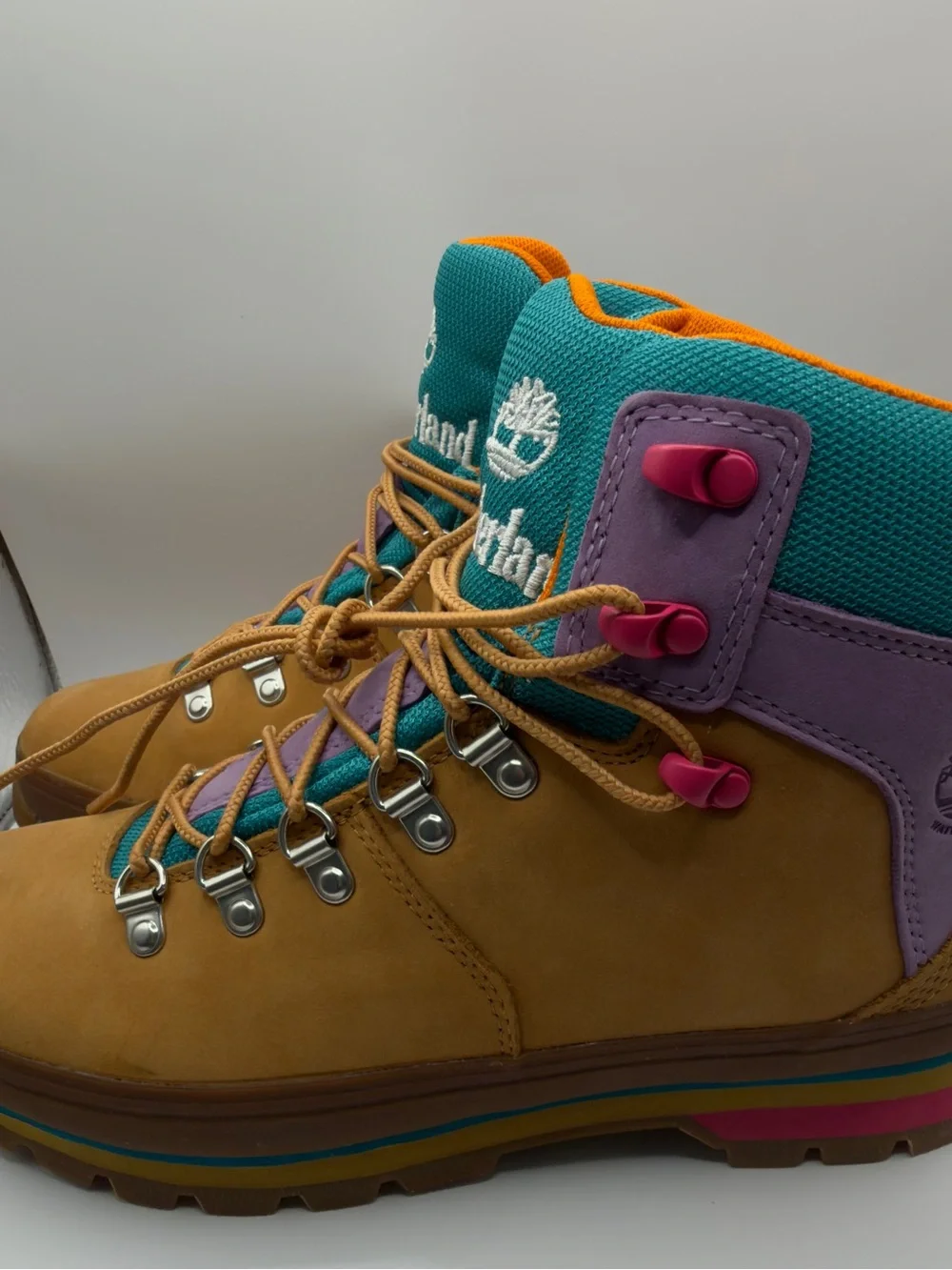 Timberland Women's Wheat Nubuck Boots with Teal and Purple Accents